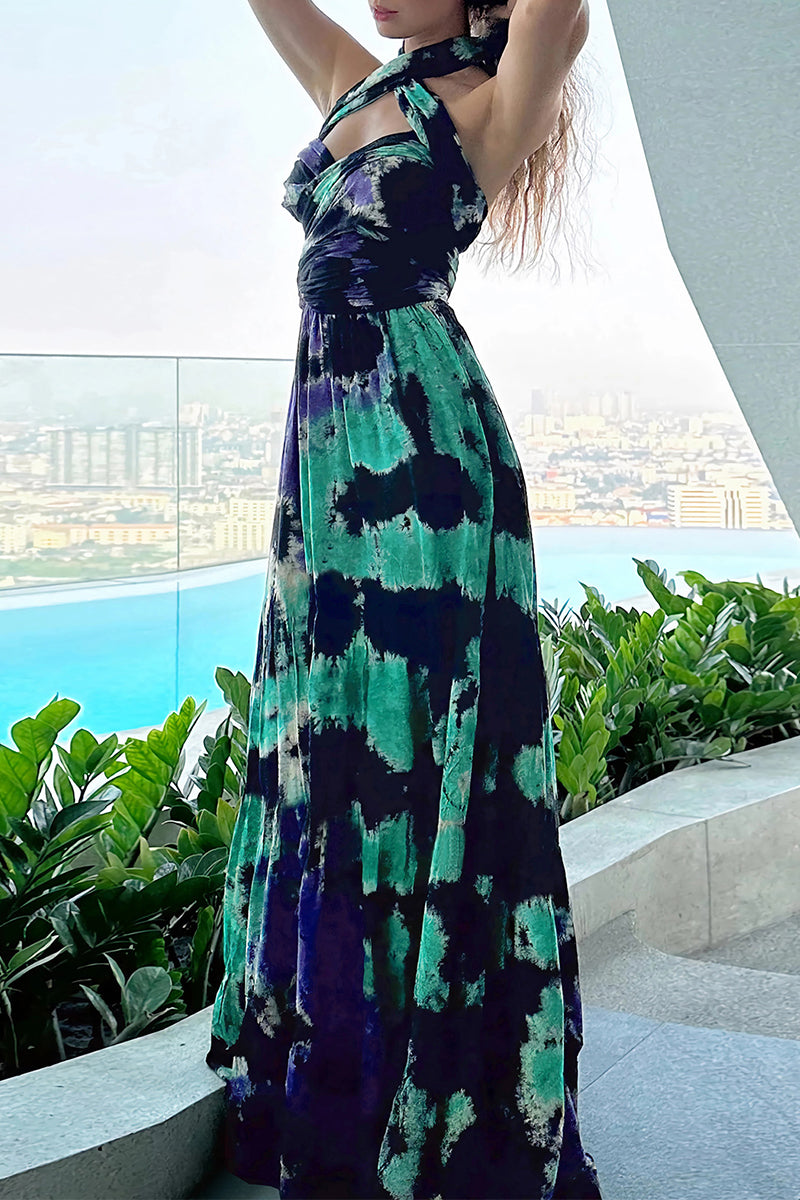 Julieta® | Sexy Tie-Dye Print Cross Strap Contrast V-Neck Sleeveless Dresses (Various Tie Methods) (3 Colors)