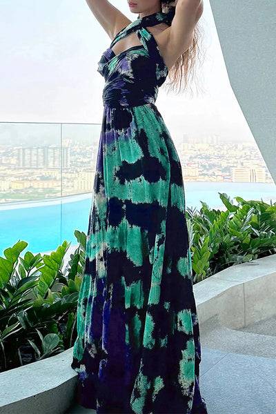 Julieta® | Sexy Tie-Dye Print Cross Strap Contrast V-Neck Sleeveless Dresses (Various Tie Methods) (3 Colors)