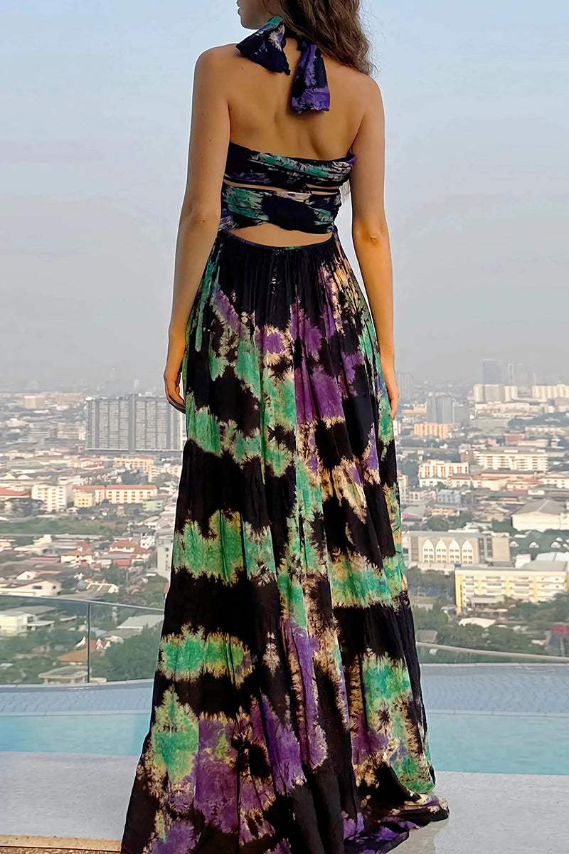 Julieta® | Sexy Tie-Dye Print Cross Strap Contrast V-Neck Sleeveless Dresses (Various Tie Methods) (3 Colors)
