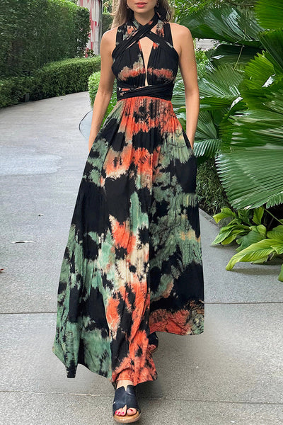 Julieta® | Sexy Tie-Dye Print Cross Strap Contrast V-Neck Sleeveless Dresses (Various Tie Methods) (3 Colors)