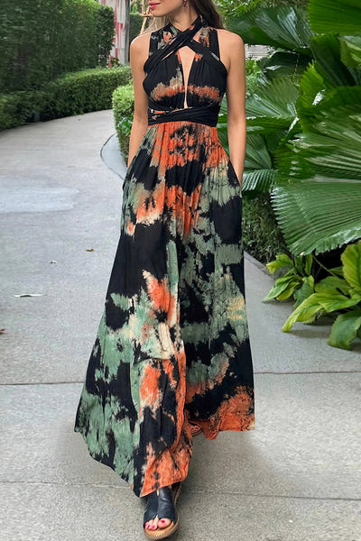 Julieta® | Sexy Tie-Dye Print Cross Strap Contrast V-Neck Sleeveless Dresses (Various Tie Methods) (3 Colors)