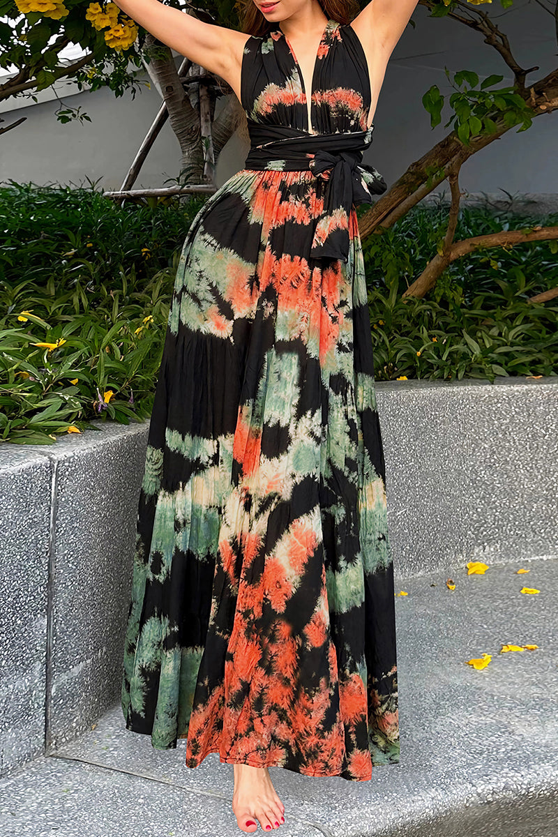 Julieta® | Sexy Tie-Dye Print Cross Strap Contrast V-Neck Sleeveless Dresses (Various Tie Methods) (3 Colors)