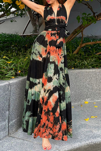 Julieta® | Sexy Tie-Dye Print Cross Strap Contrast V-Neck Sleeveless Dresses (Various Tie Methods) (3 Colors)