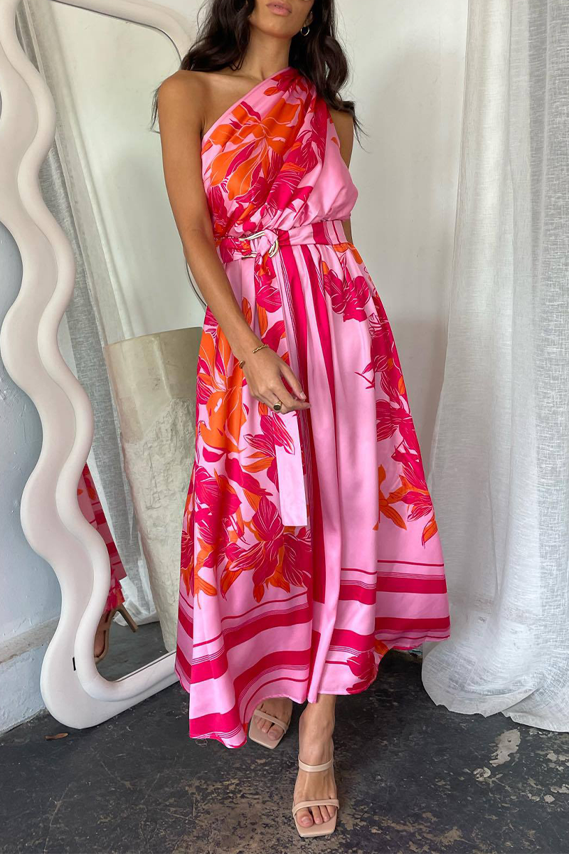 Inés® | Elegant floral print with belt, irregular slanted collar, irregular dresses