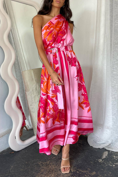 Inés® | Elegant floral print with belt, irregular slanted collar, irregular dresses