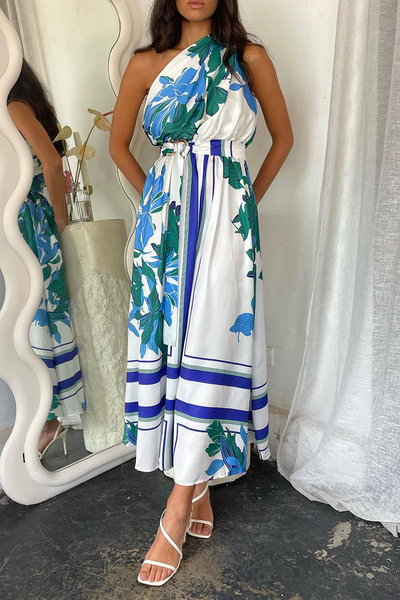Inés® | Elegant floral print with belt, irregular slanted collar, irregular dresses