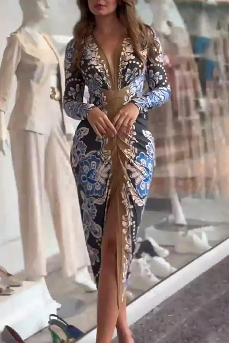 Savannah® | Elegant floral print ruched contrast wrap skirt dresses with V neck