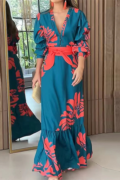 Olivia® | Casual printed dresses with floral print, lace-up, ruffles and V-neck