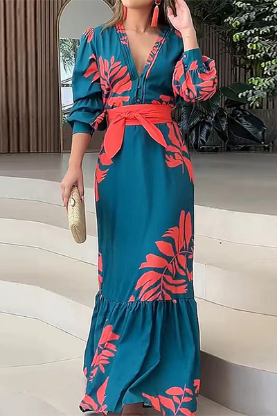 Olivia® | Casual printed dresses with floral print, lace-up, ruffles and V-neck