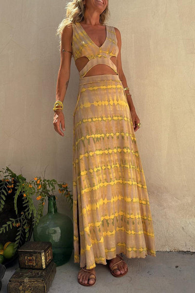Rebecca® | Sexy sleeveless holiday dresses with geometric print, slit and contrast V-neck