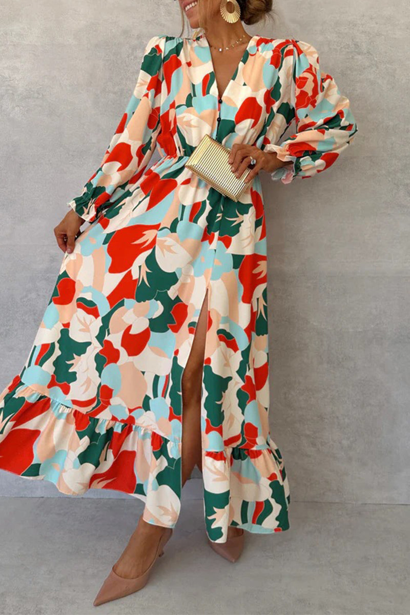 Samantha® | Elegant A-line dresses with floral print, ruffles, contrast and V-neck
