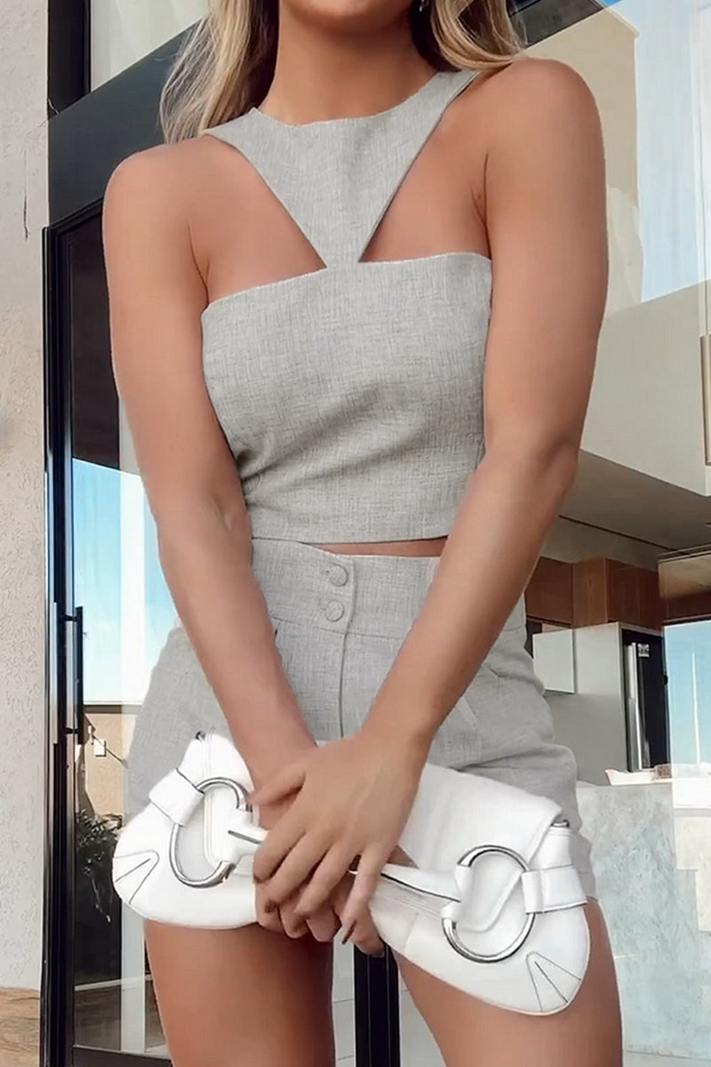 Madison® | Casual street, solid color, pocket buttons, irregular zipper, halter neck, sleeveless, two piece