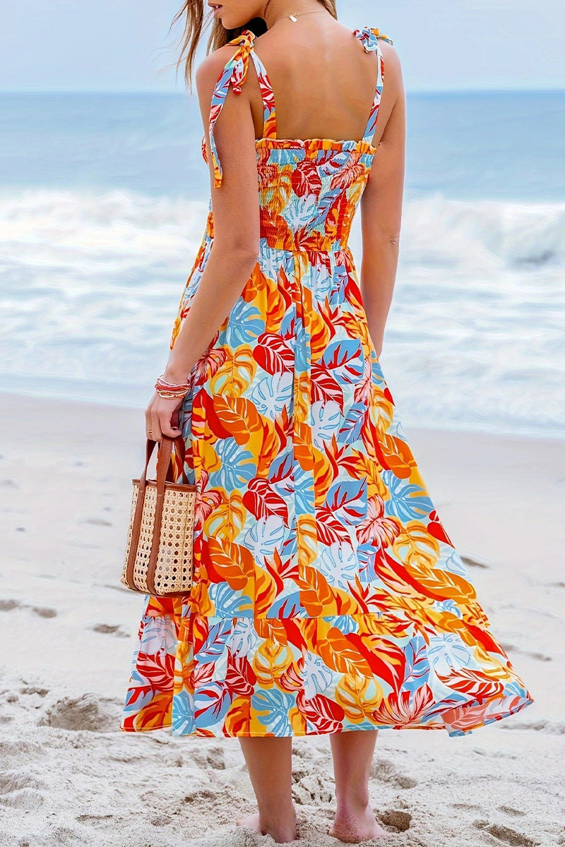 Kaitlyn® | Casual floral print lace up square neck vacation sling dresses