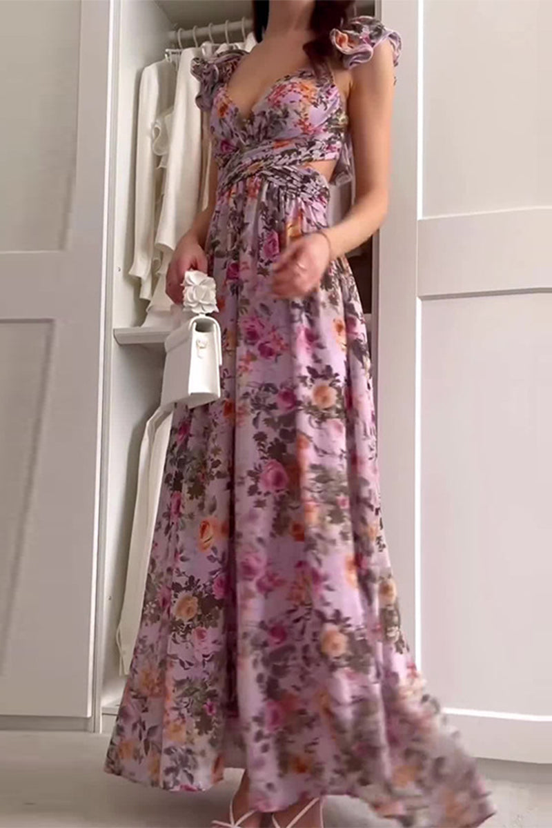 Jasmine® | Sexy holiday floral print, backless strap design, V-neck printed dresses