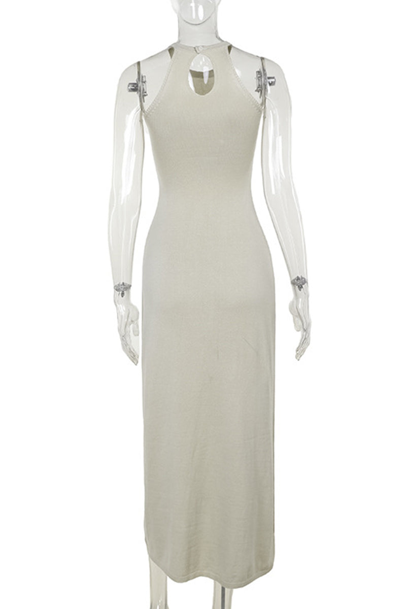 Jade® | Sexy solid color sleeveless halter neck knit dresses with slit