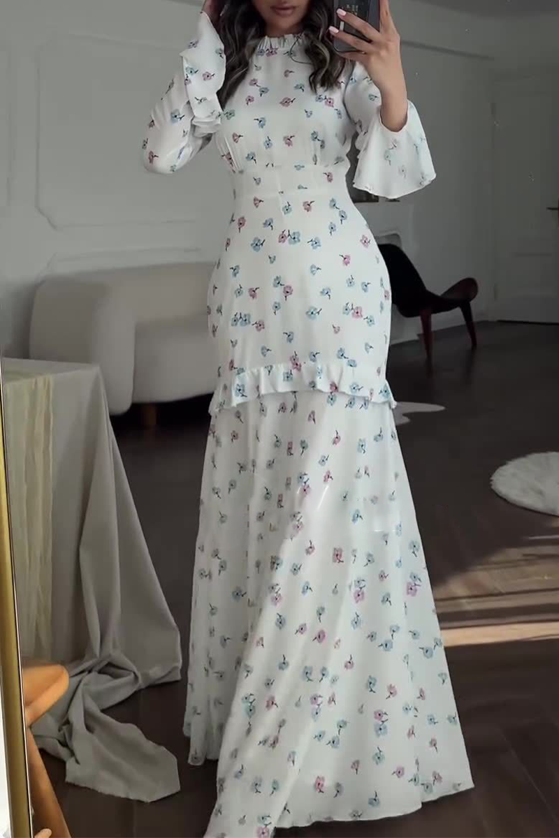 Gabriela® | Elegant floral print patchwork ruffle half turtleneck long sleeve dresses