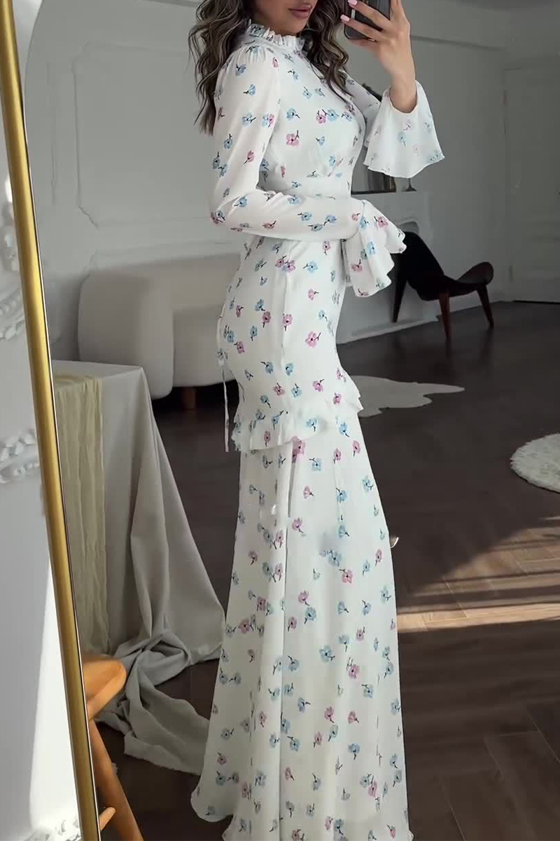 Gabriela® | Elegant floral print patchwork ruffle half turtleneck long sleeve dresses