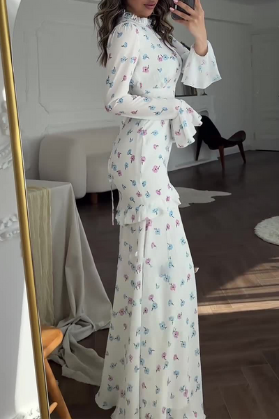 Gabriela® | Elegant floral print patchwork ruffle half turtleneck long sleeve dresses