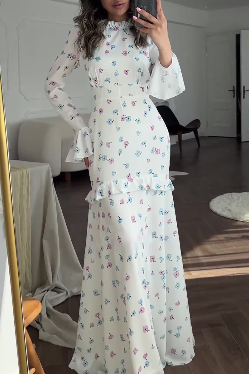 Gabriela® | Elegant floral print patchwork ruffle half turtleneck long sleeve dresses