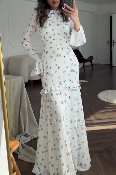 Gabriela® | Elegant floral print patchwork ruffle half turtleneck long sleeve dresses