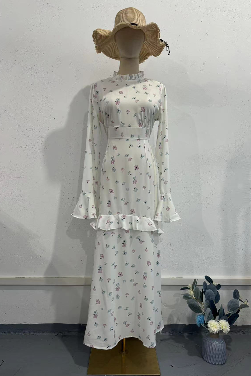 Gabriela® | Elegant floral print patchwork ruffle half turtleneck long sleeve dresses