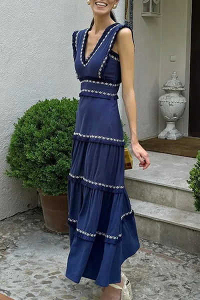 Linda® | Elegant solid color sleeveless patchwork dresses with fringe trim and V-neck
