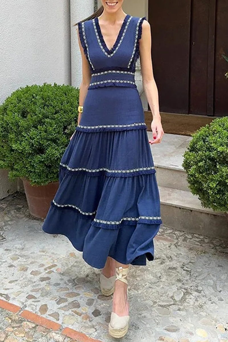 Linda® | Elegant solid color sleeveless patchwork dresses with fringe trim and V-neck