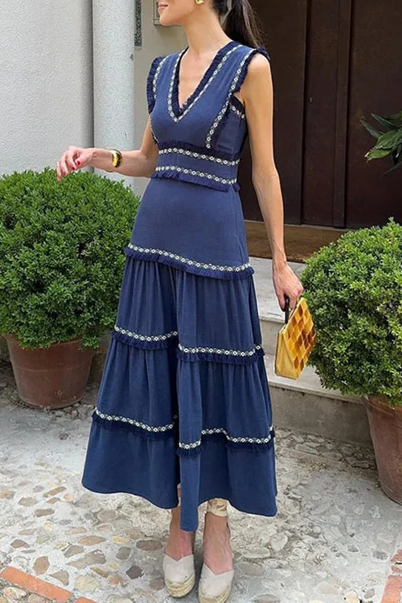 Linda® | Elegant solid color sleeveless patchwork dresses with fringe trim and V-neck