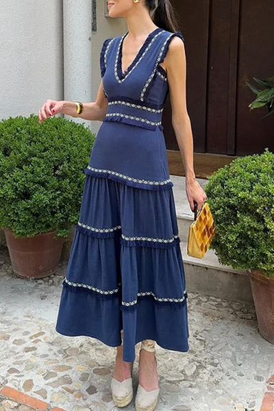Linda® | Elegant solid color sleeveless patchwork dresses with fringe trim and V-neck