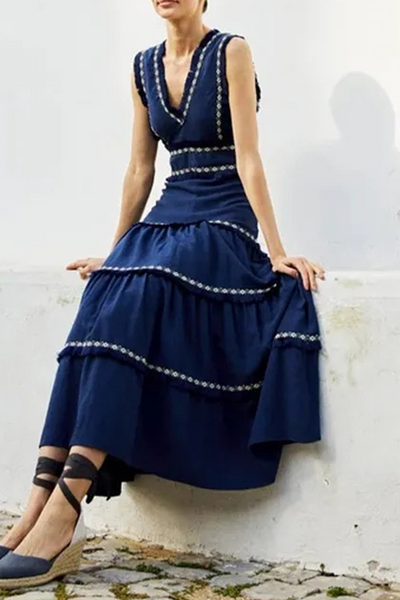 Linda® | Elegant solid color sleeveless patchwork dresses with fringe trim and V-neck