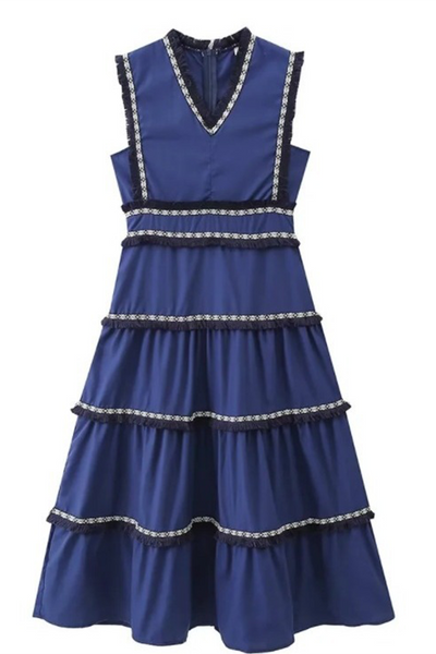 Linda® | Elegant solid color sleeveless patchwork dresses with fringe trim and V-neck