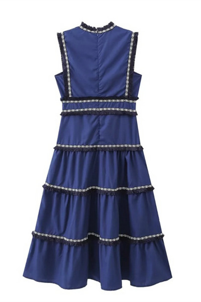 Linda® | Elegant solid color sleeveless patchwork dresses with fringe trim and V-neck