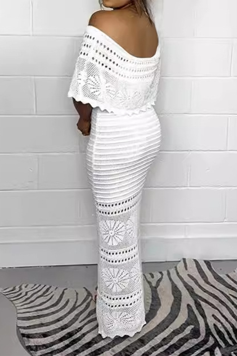 Andrea® | Sexy solid color hollow out woven off shoulder one step skirt dresses
