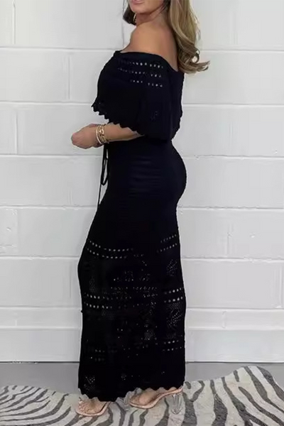 Andrea® | Sexy solid color hollow out woven off shoulder one step skirt dresses