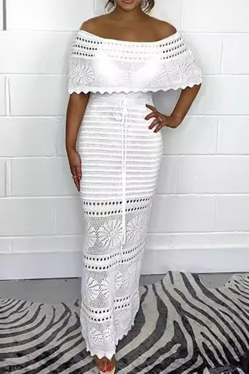 Andrea® | Sexy solid color hollow out woven off shoulder one step skirt dresses