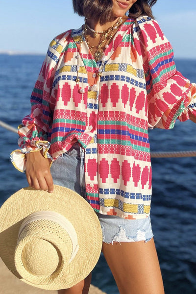 Amelia® | Casual holiday blouses with geometric print and buttons and V-neck