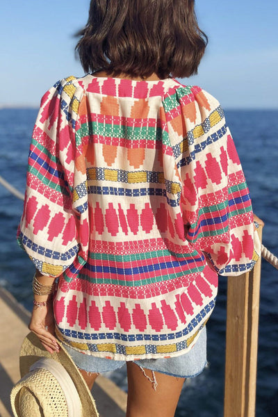 Amelia® | Casual holiday blouses with geometric print and buttons and V-neck