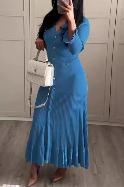 Amanda® | Elegant solid color dresses with buckle pattern and V-neck A-line