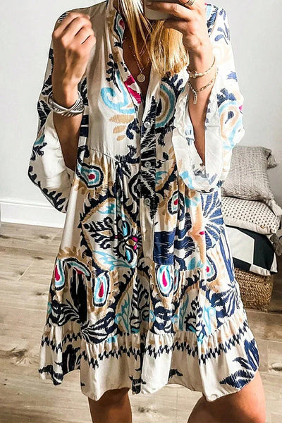 Yasmin® | Casual Daily National Totem Print Patchwork Ruffles V-neck A-line Dresses