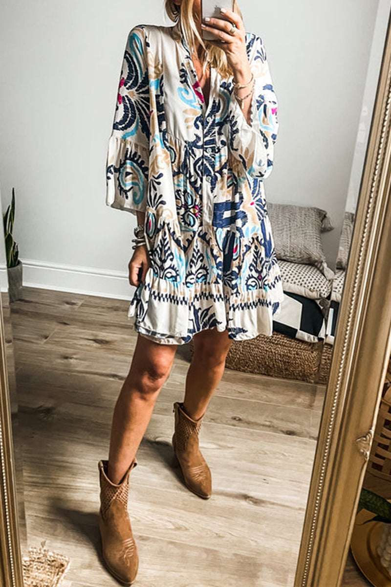 Yasmin® | Casual Daily National Totem Print Patchwork Ruffles V-neck A-line Dresses