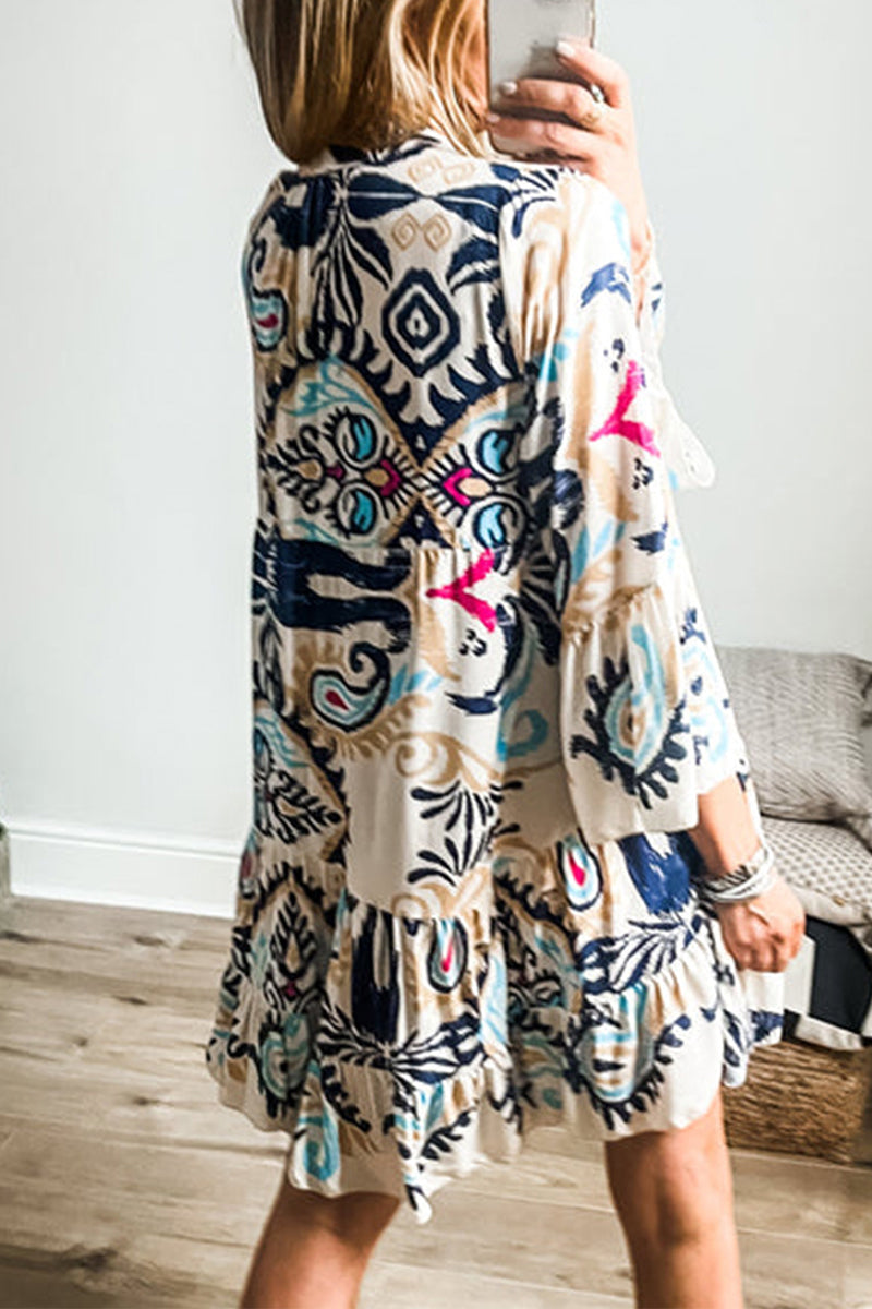 Yasmin® | Casual Daily National Totem Print Patchwork Ruffles V-neck A-line Dresses