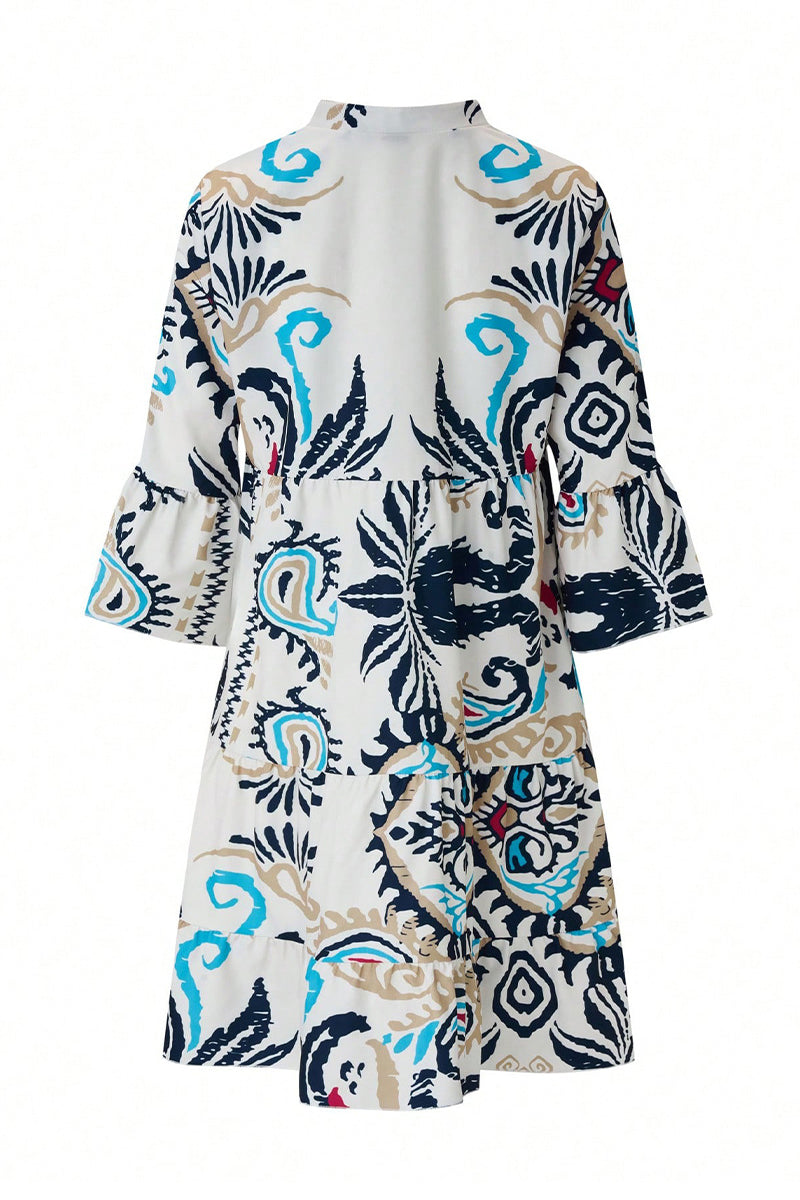 Yasmin® | Casual Daily National Totem Print Patchwork Ruffles V-neck A-line Dresses
