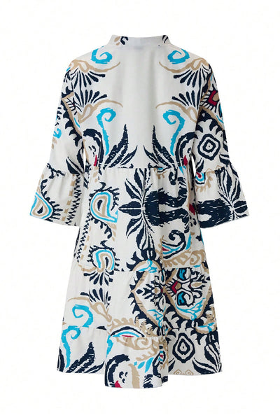Yasmin® | Casual Daily National Totem Print Patchwork Ruffles V-neck A-line Dresses