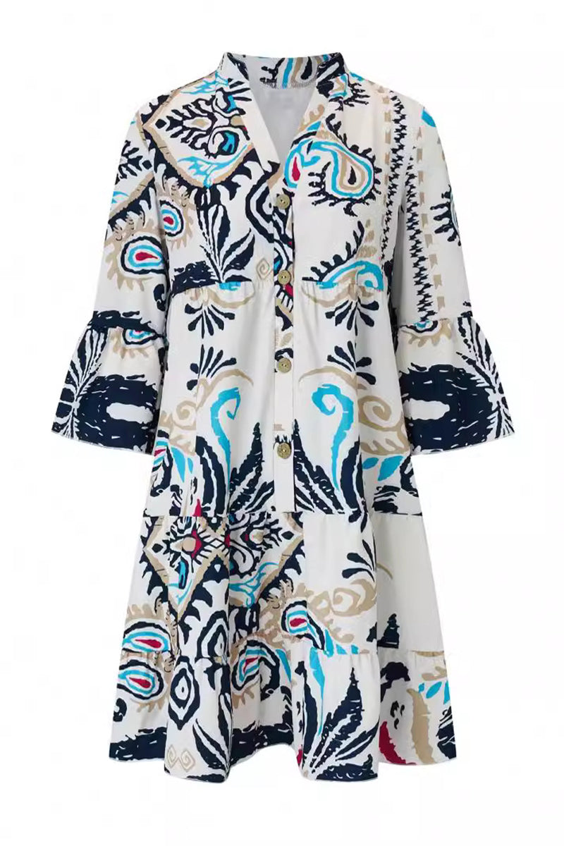 Yasmin® | Casual Daily National Totem Print Patchwork Ruffles V-neck A-line Dresses