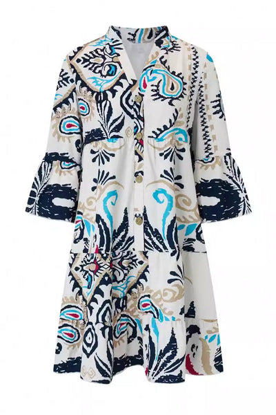 Yasmin® | Casual Daily National Totem Print Patchwork Ruffles V-neck A-line Dresses