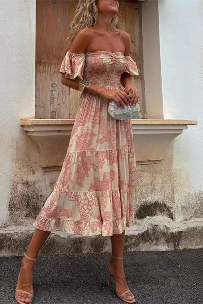 Abigail® | Sexy floral print off shoulder cake skirt dresses with patchwork ruffles