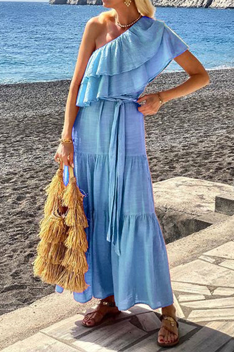 Noa® | Sexy Solid Color Lace Up Ruffle Slanted Shoulder Irregular Dresses (3 Colors)