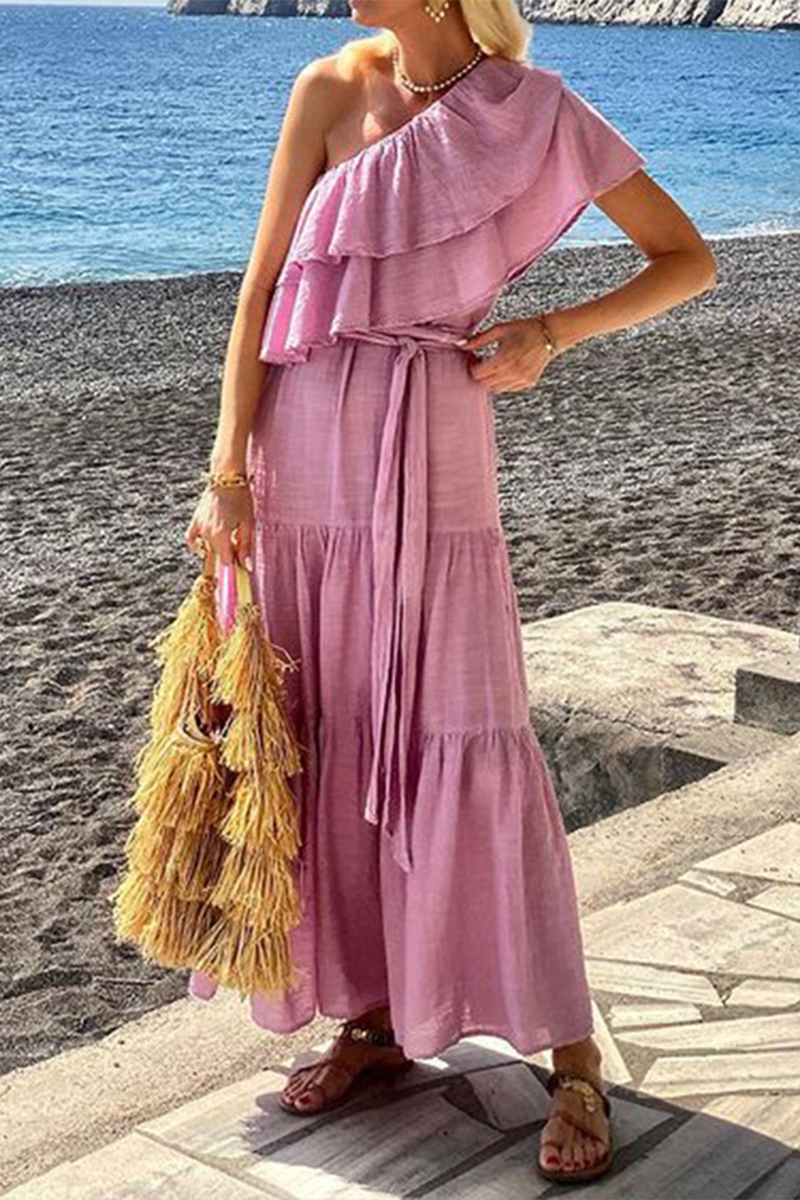 Noa® | Sexy Solid Color Lace Up Ruffle Slanted Shoulder Irregular Dresses (3 Colors)