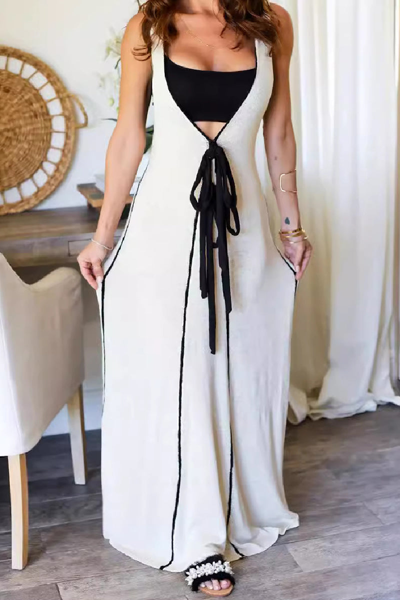 Alba® | Casual long dresses with patchwork belt and V-neck