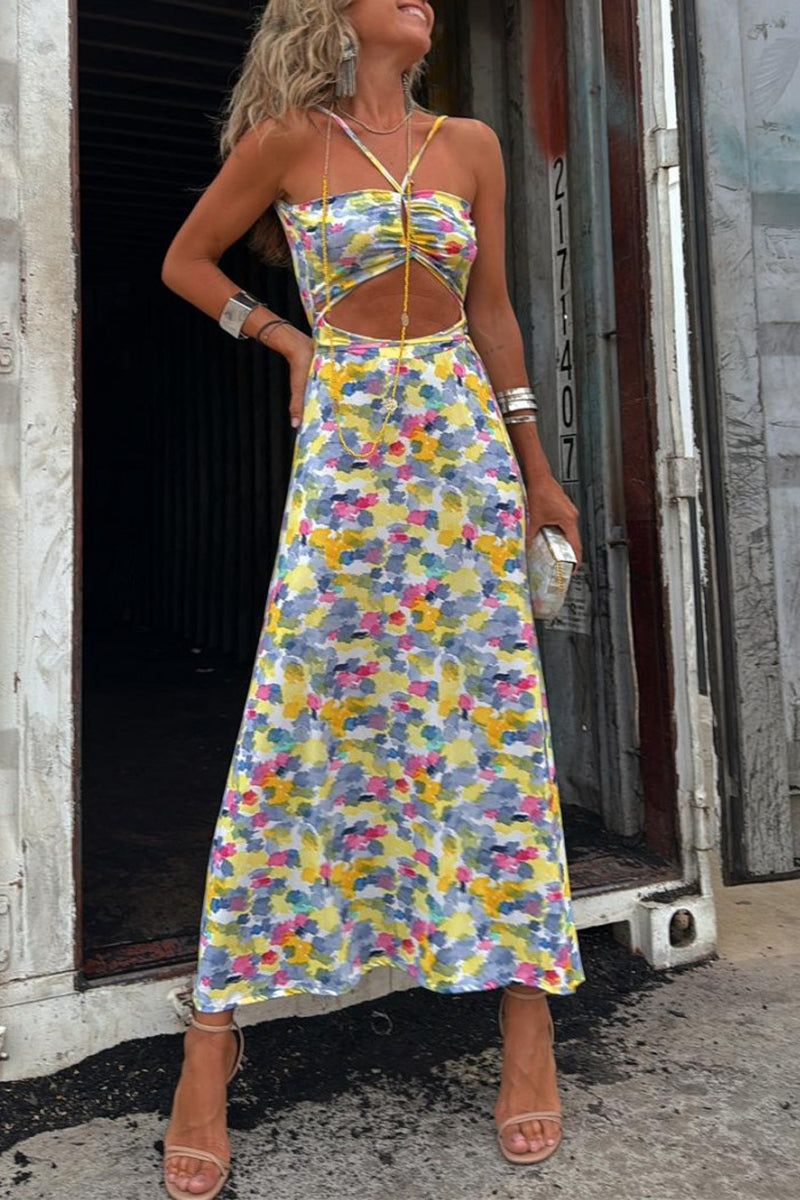 Sara® | Casual Geometric Print Dresses Backless Contrast V Neck Single Tier Skirt (Two Ways to Wear)